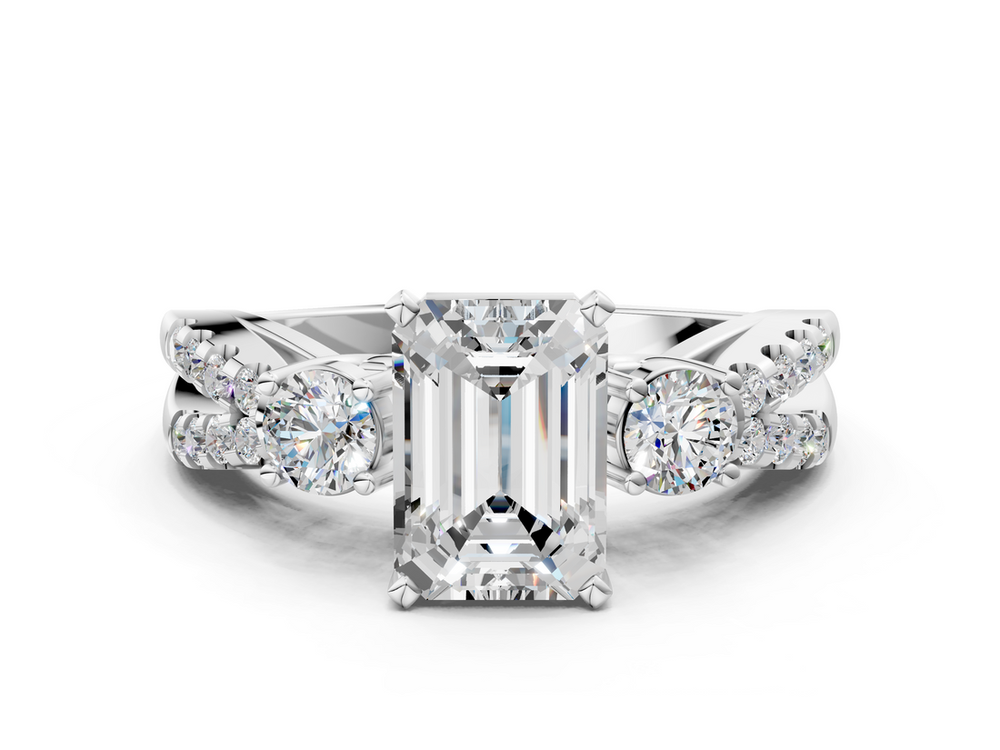 White gold Emerald Three-Stone Diamond Ring with Pavé Split Shank and Four-Prong Setting_121
