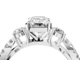 White gold Emerald Three-Stone Diamond Ring with Pavé Split Shank and Four-Prong Setting_124