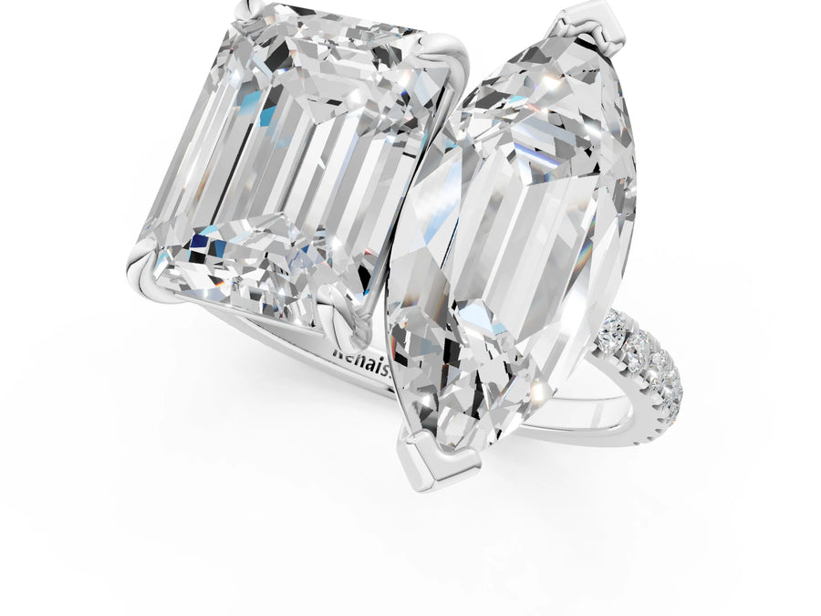 White gold Emerald and Marquise Toi Moi Ring with Prong Setting and Micro Pave Band