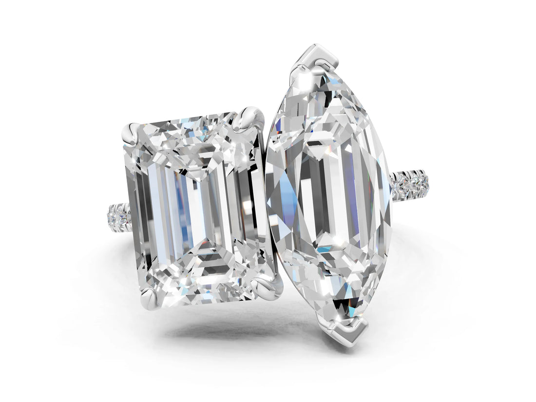 White gold Emerald and Marquise Toi Moi Ring with Prong Setting and Micro Pave Band