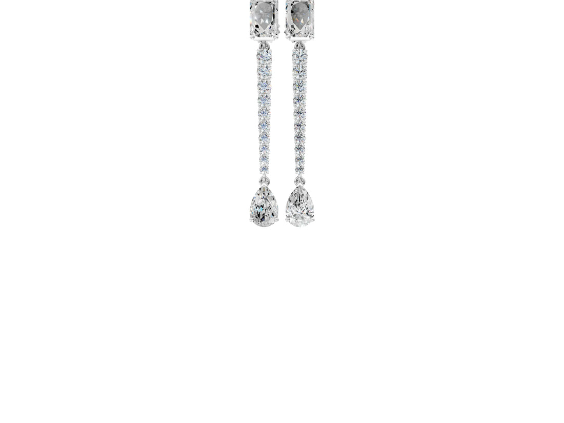 White gold Emerald and Pear Diamond Linear Earrings with Round Lab Grown Diamond Accents_16