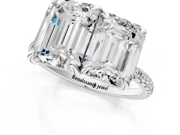 White gold Emerald and Radiant Toi Moi Ring with Prong Setting and Micro Pave Band