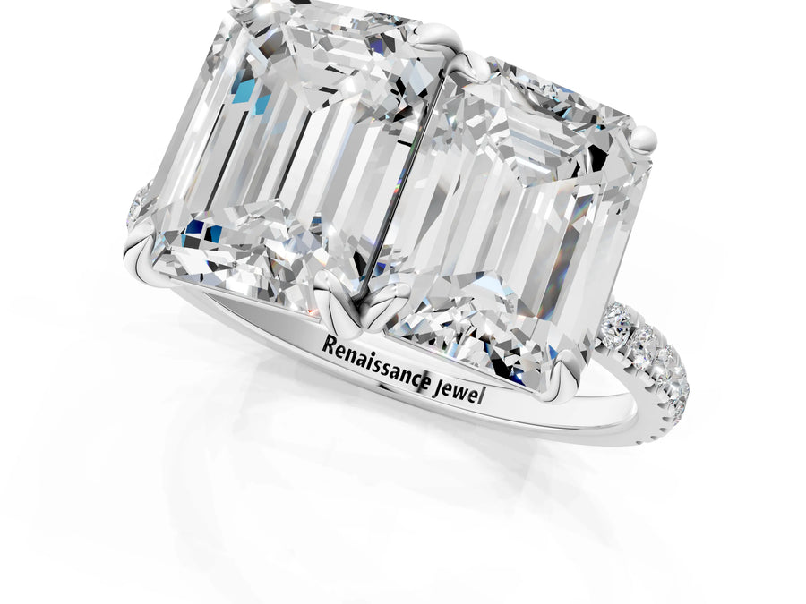 White gold Emerald and Radiant Toi Moi Ring with Prong Setting and Micro Pave Band