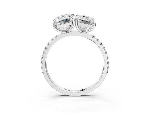 White gold Emerald and Radiant Toi Moi Ring with Prong Setting and Micro Pave Band