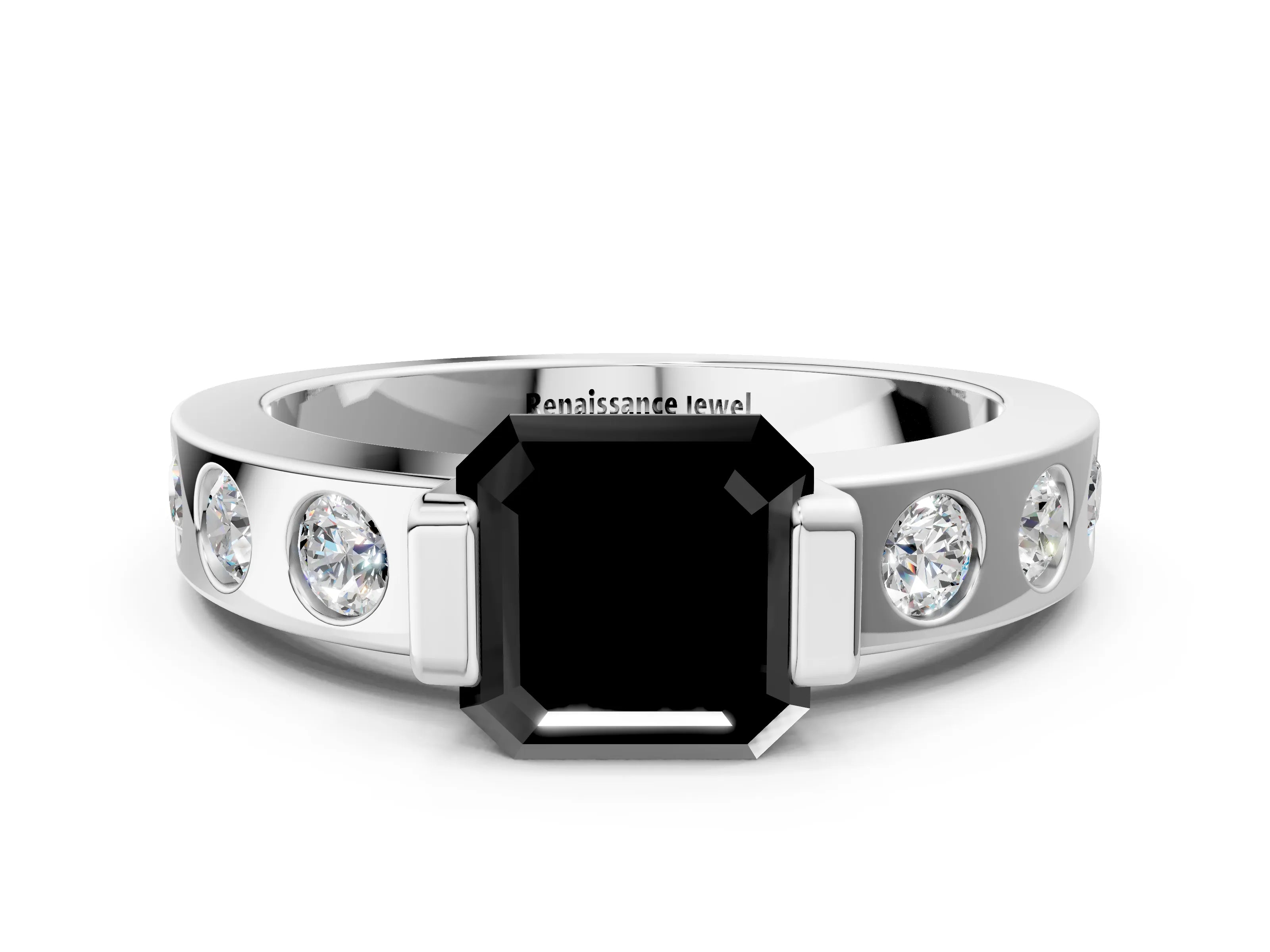 White gold Fancy Black Asscher Cut Brilliant Channel-Set Diamond Ring with Bezel Prong Setting_12