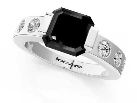 White gold Fancy Black Asscher Cut Brilliant Channel-Set Diamond Ring with Bezel Prong Setting_13
