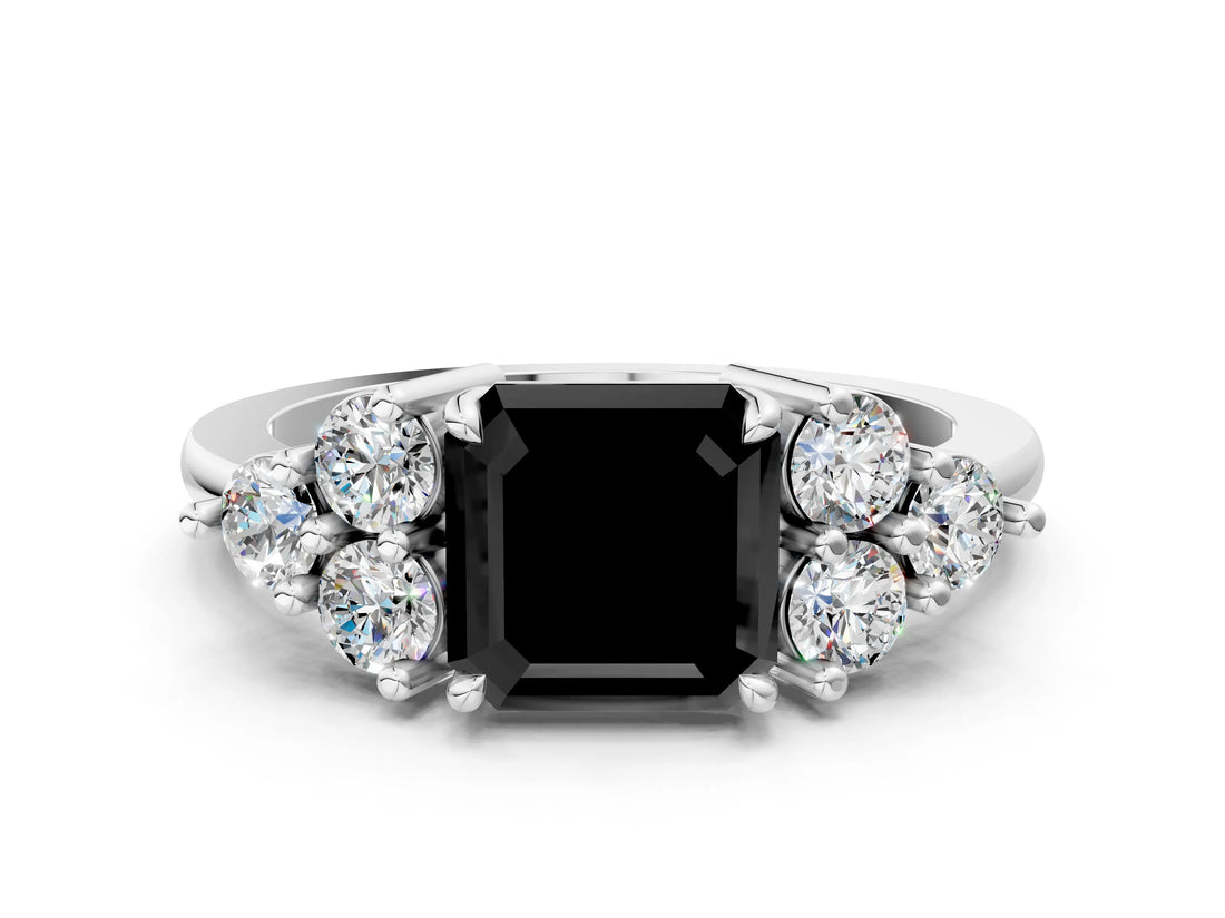 White gold Fancy Black Asscher Cut Brilliant Diamond Cluster Accent Solitaire Ring with Prong Setting_12
