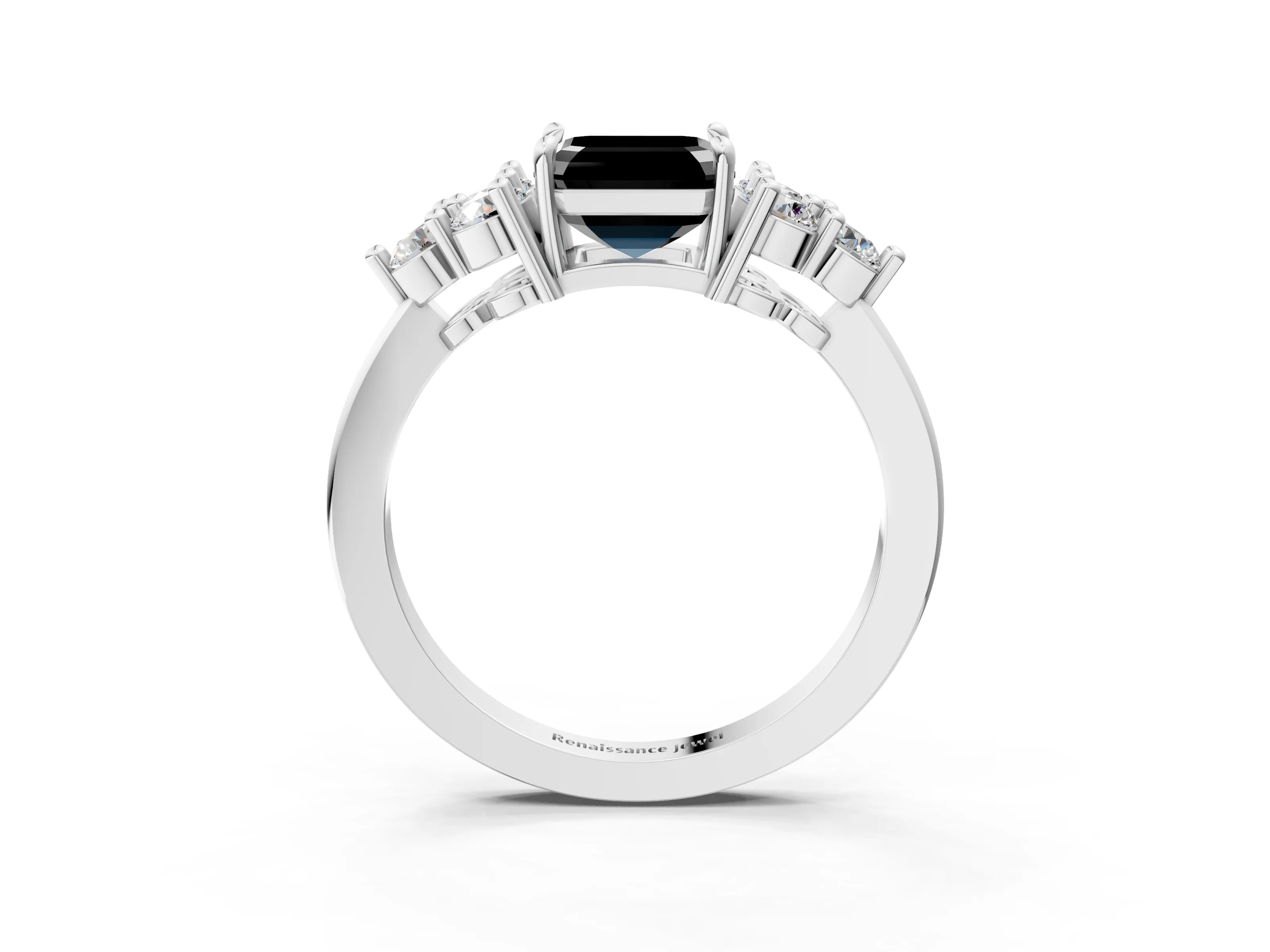 White gold Fancy Black Asscher Cut Brilliant Diamond Cluster Accent Solitaire Ring with Prong Setting_15
