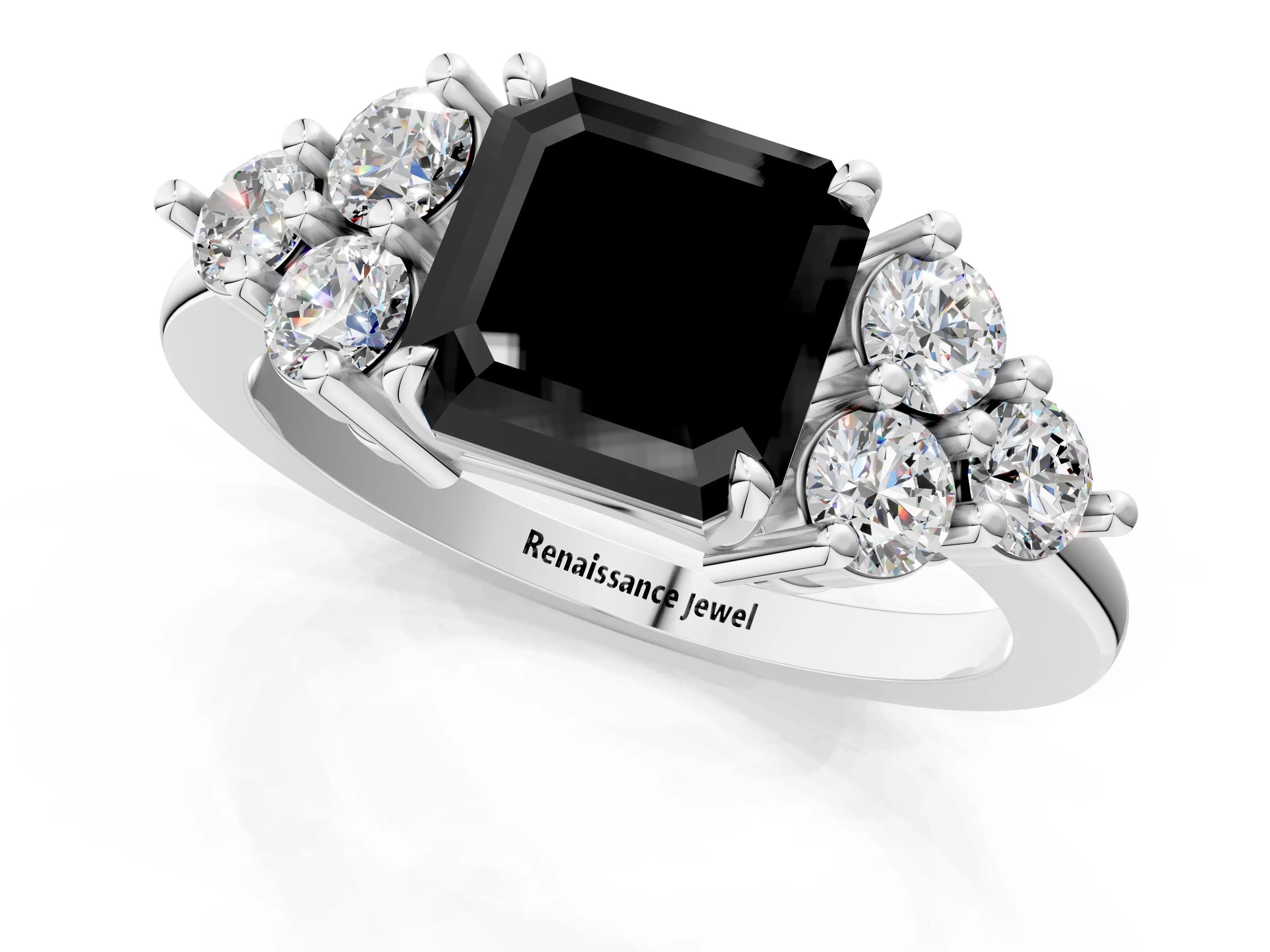 White gold Fancy Black Asscher Cut Brilliant Diamond Cluster Accent Solitaire Ring with Prong Setting_1