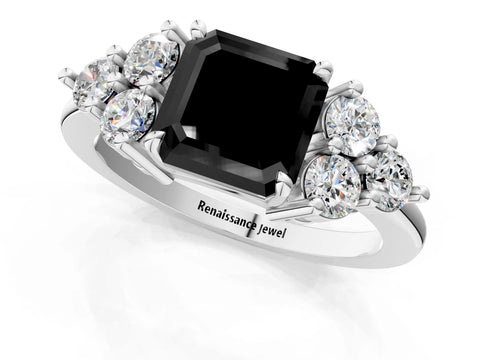 White gold Fancy Black Asscher Cut Brilliant Diamond Cluster Accent Solitaire Ring with Prong Setting_1