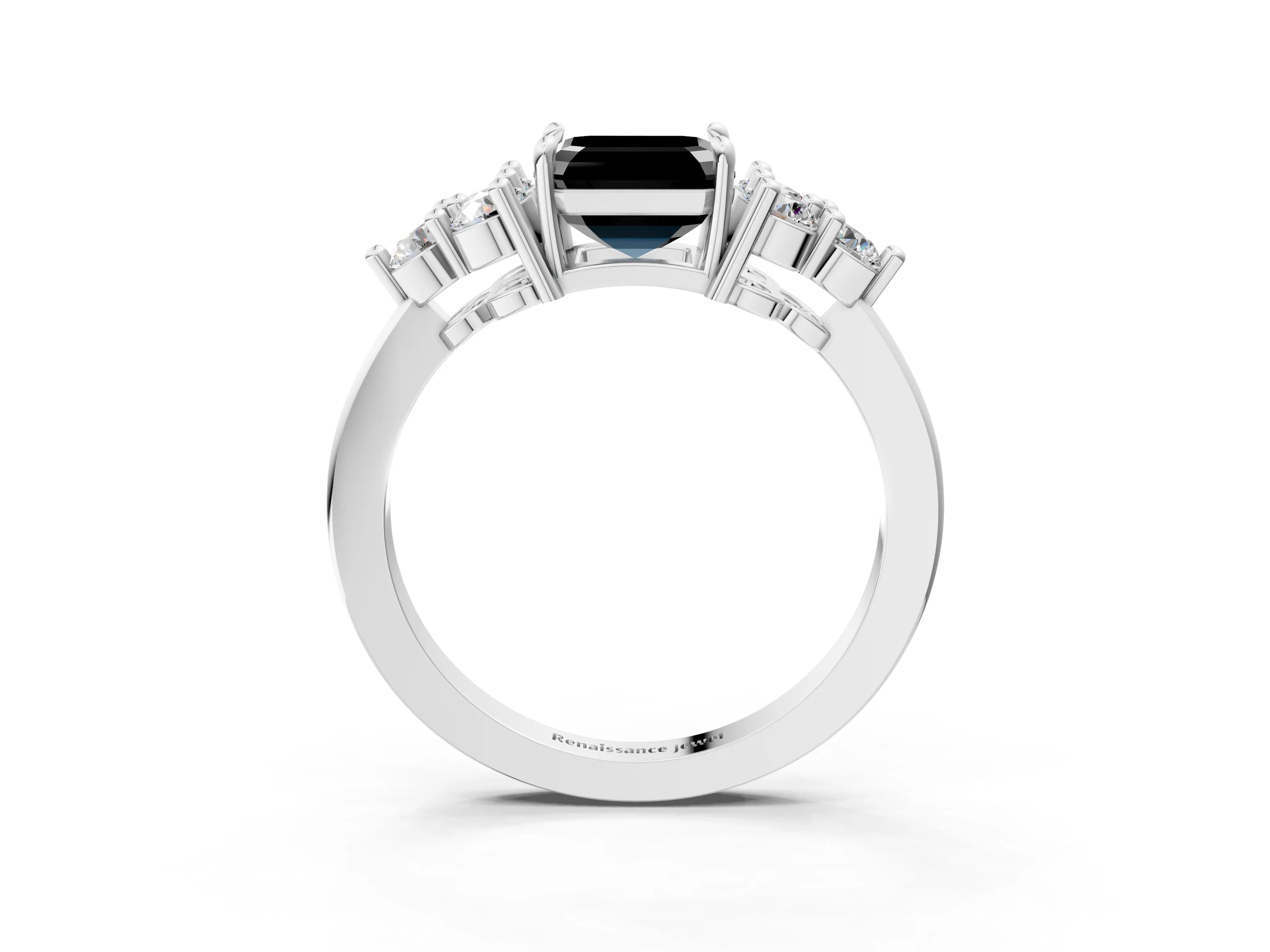 White gold Fancy Black Asscher Cut Brilliant Diamond Cluster Accent Solitaire Ring with Prong Setting_3