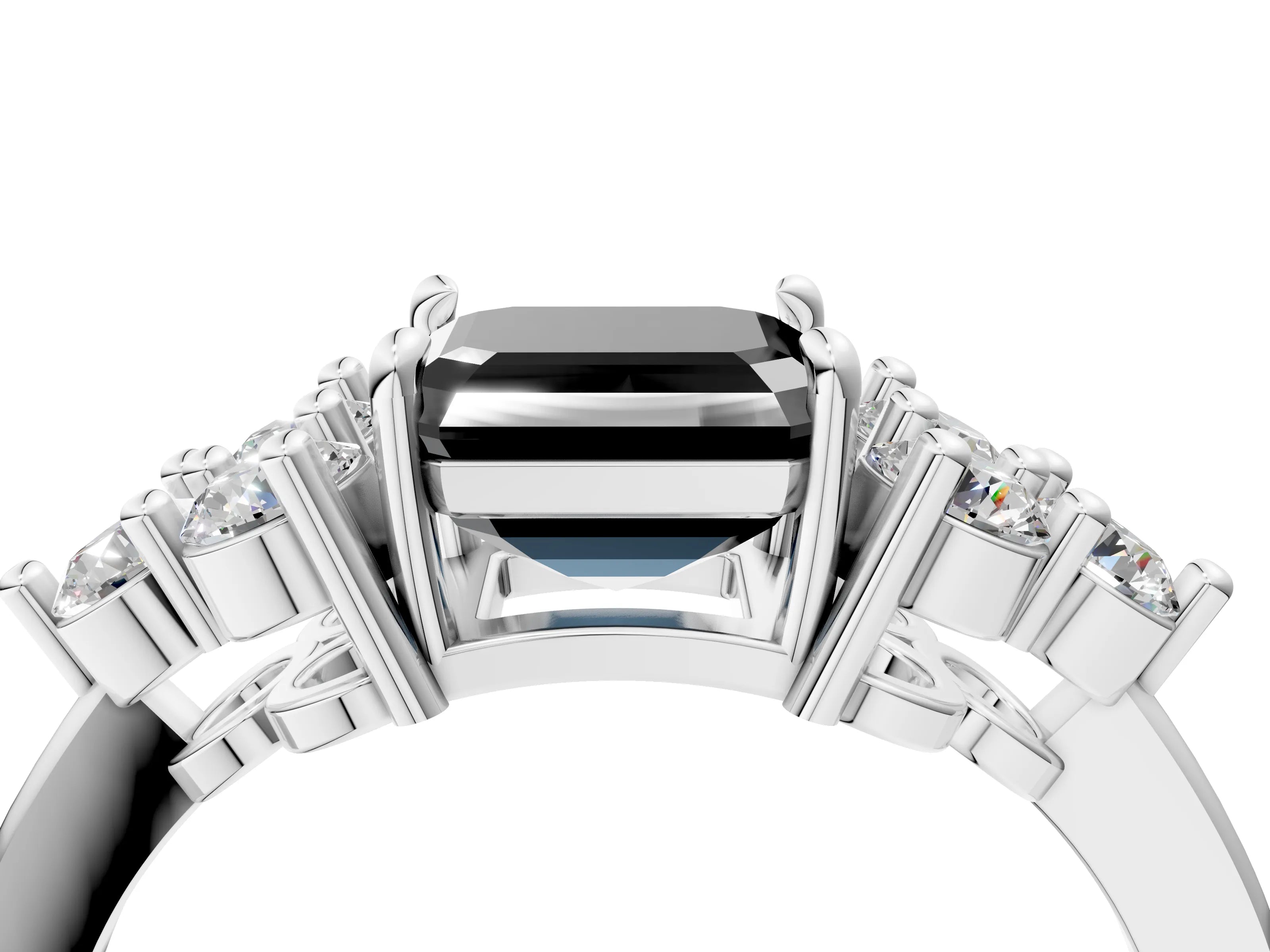 White gold Fancy Black Asscher Cut Brilliant Diamond Cluster Accent Solitaire Ring with Prong Setting_4