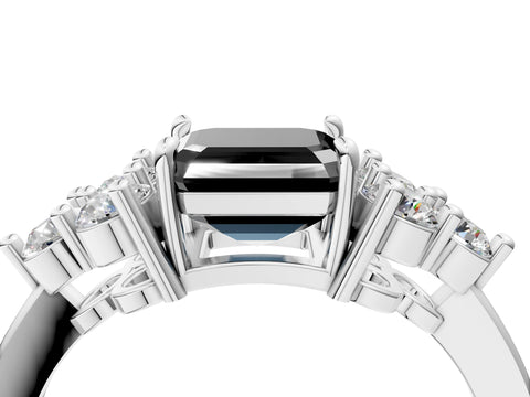 White gold Fancy Black Asscher Cut Brilliant Diamond Cluster Accent Solitaire Ring with Prong Setting_4