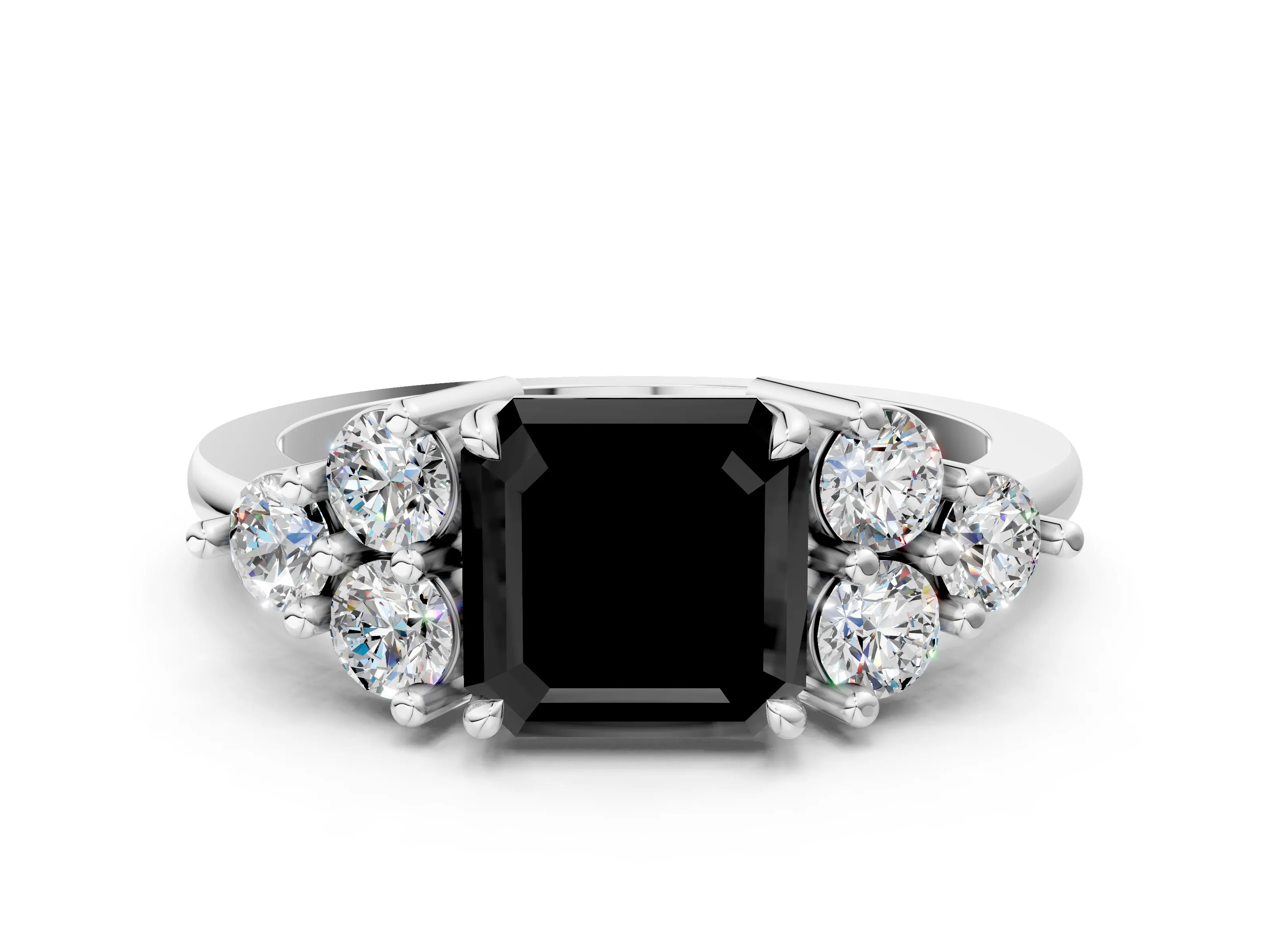 White gold Fancy Black Asscher Cut Brilliant Diamond Cluster Accent Solitaire Ring with Prong Setting