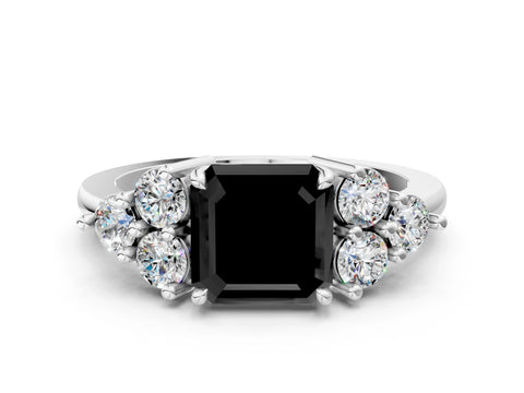 White gold Fancy Black Asscher Cut Brilliant Diamond Cluster Accent Solitaire Ring with Prong Setting