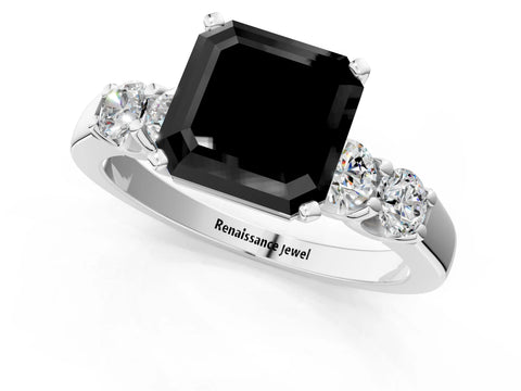 White gold Fancy Black Asscher Cut Brilliant Diamond Five-Stone Engagement Ring with Prong Setting on a Classic Band_4