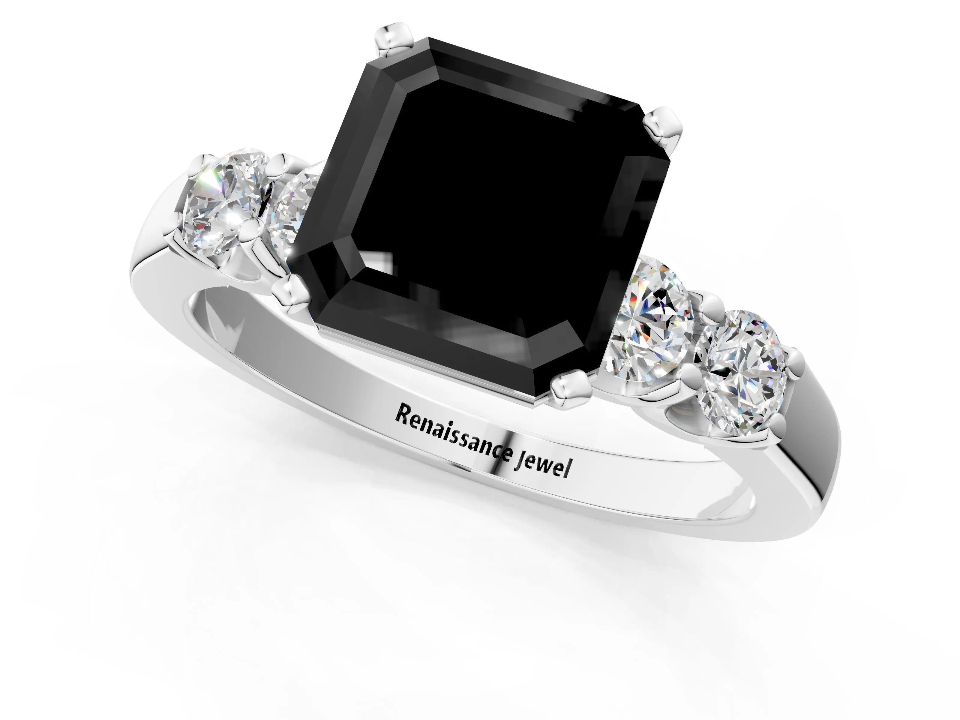 White gold Fancy Black Asscher Cut Brilliant Diamond Five-Stone Engagement Ring with Prong Setting on a Classic Band_4