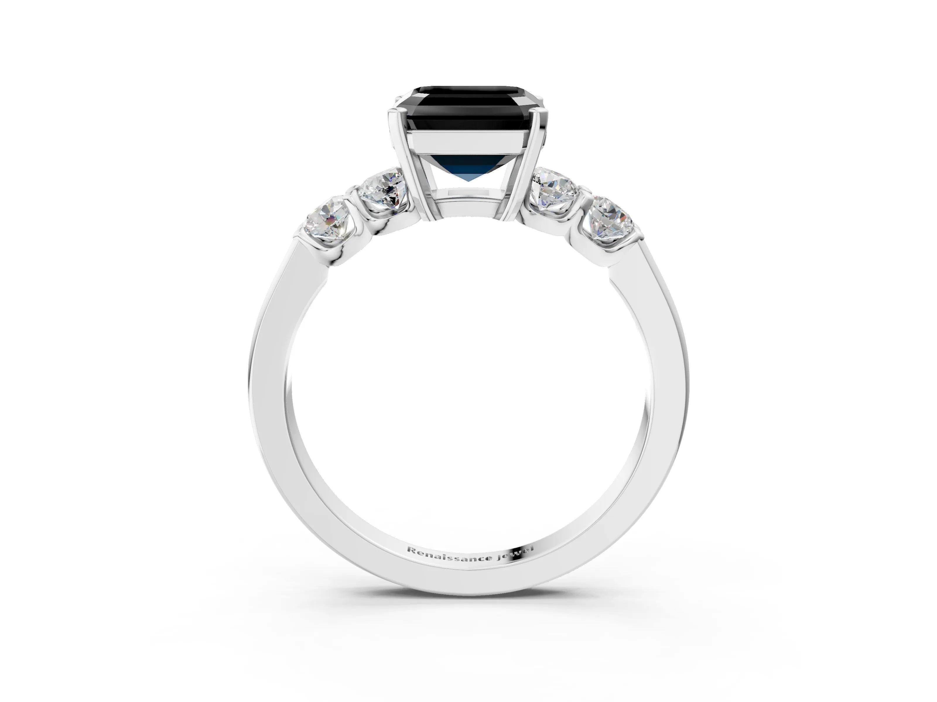 White gold Fancy Black Asscher Cut Brilliant Diamond Five-Stone Engagement Ring with Prong Setting on a Classic Band_6