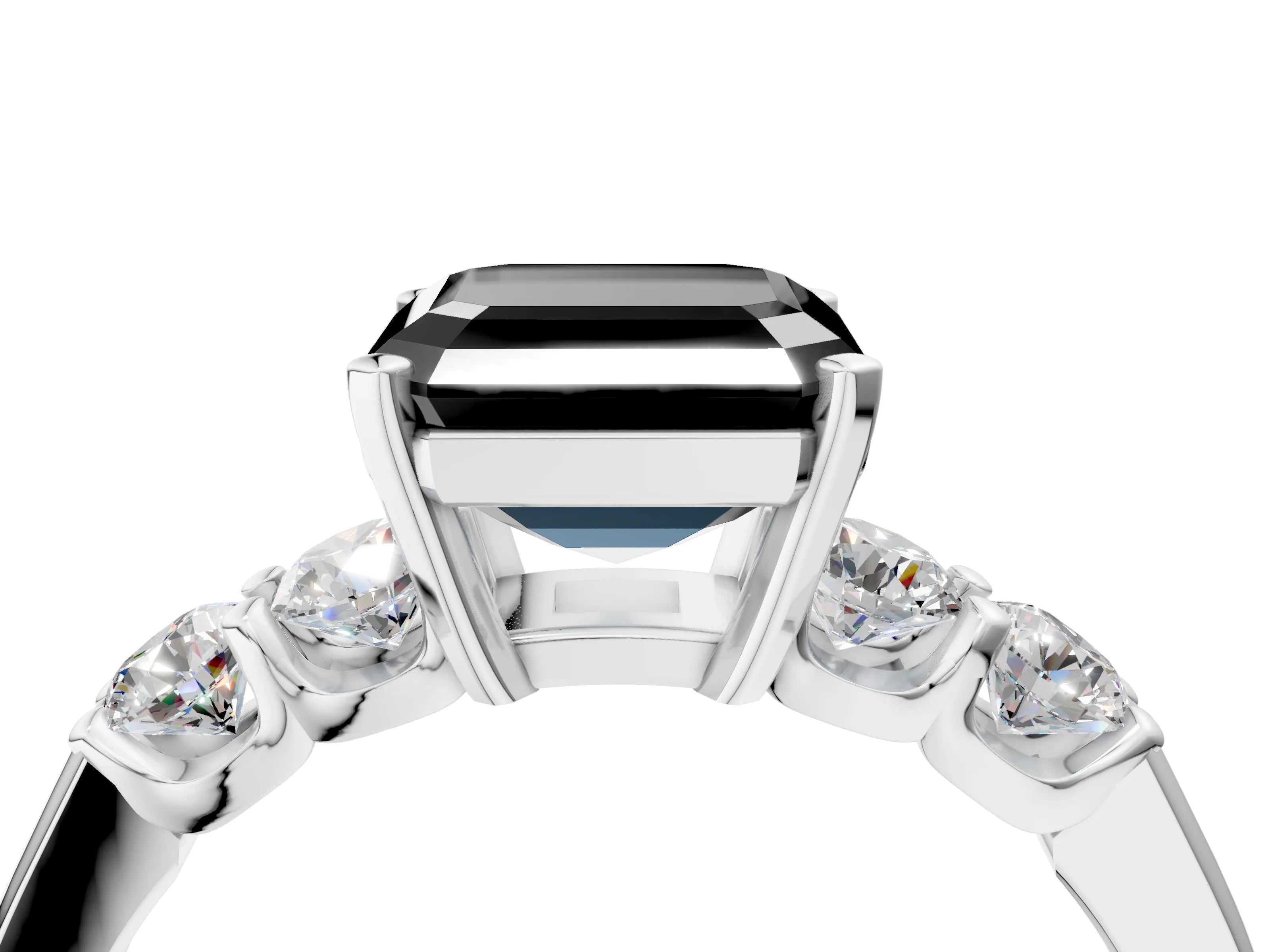 White gold Fancy Black Asscher Cut Brilliant Diamond Five-Stone Engagement Ring with Prong Setting on a Classic Band_7