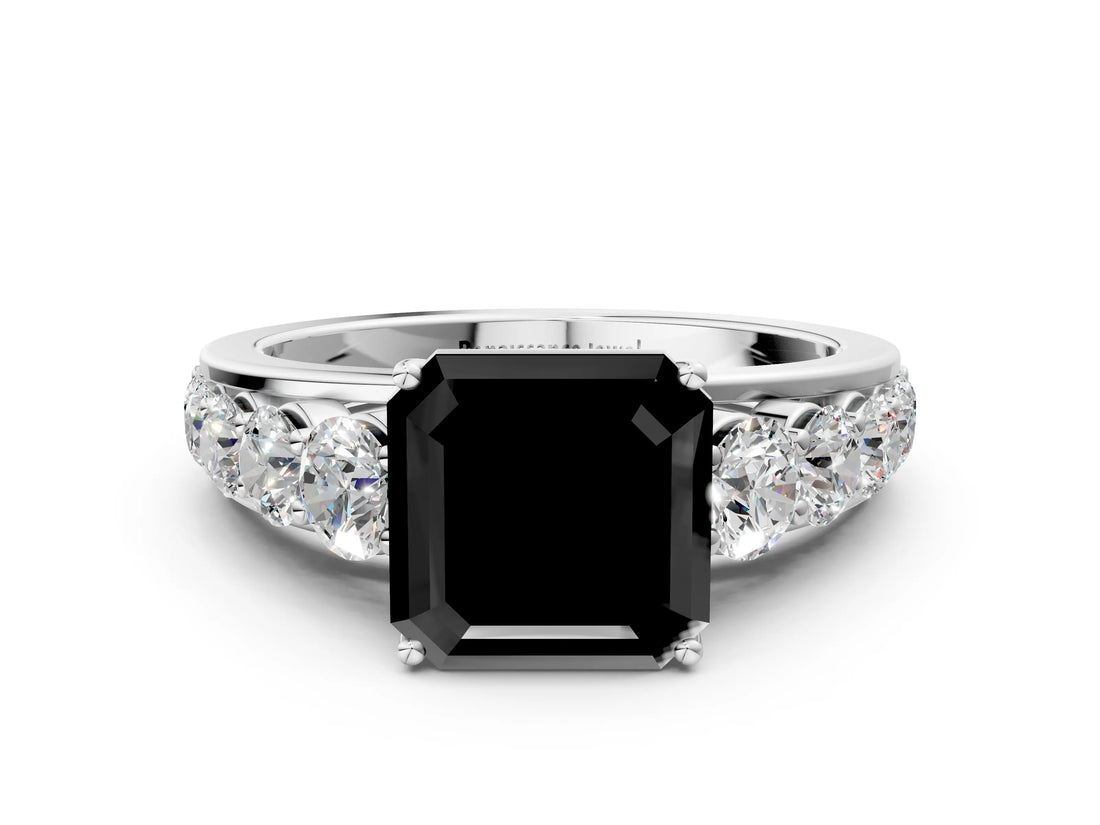 White gold Fancy Black Asscher Cut Brilliant Diamond Pavé Band with Six-Prong Setting_12