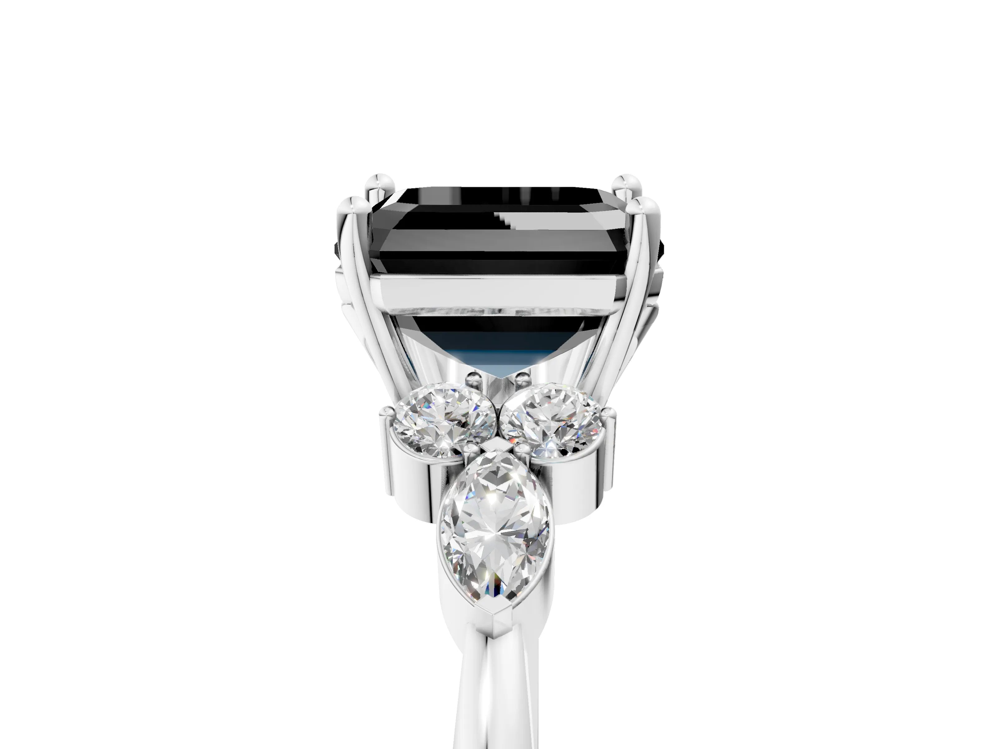 White gold Fancy Black Asscher Cut Brilliant Diamond Solitaire Ring with Pear Side Stones and Four-Prong Setting_11