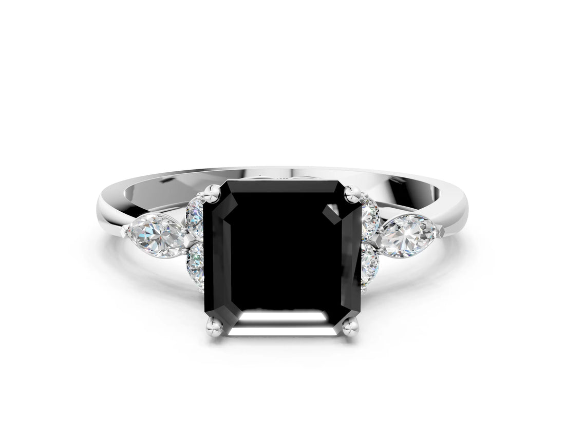 White gold Fancy Black Asscher Cut Brilliant Diamond Solitaire Ring with Pear Side Stones and Four-Prong Setting_42