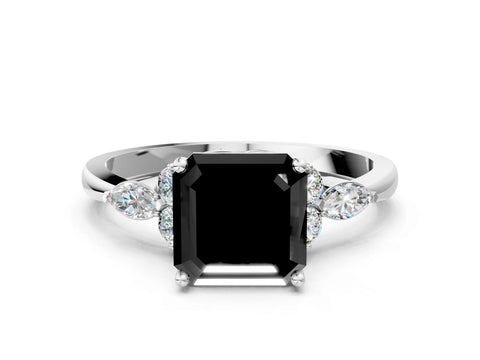 White gold Fancy Black Asscher Cut Brilliant Diamond Solitaire Ring with Pear Side Stones and Four-Prong Setting_6