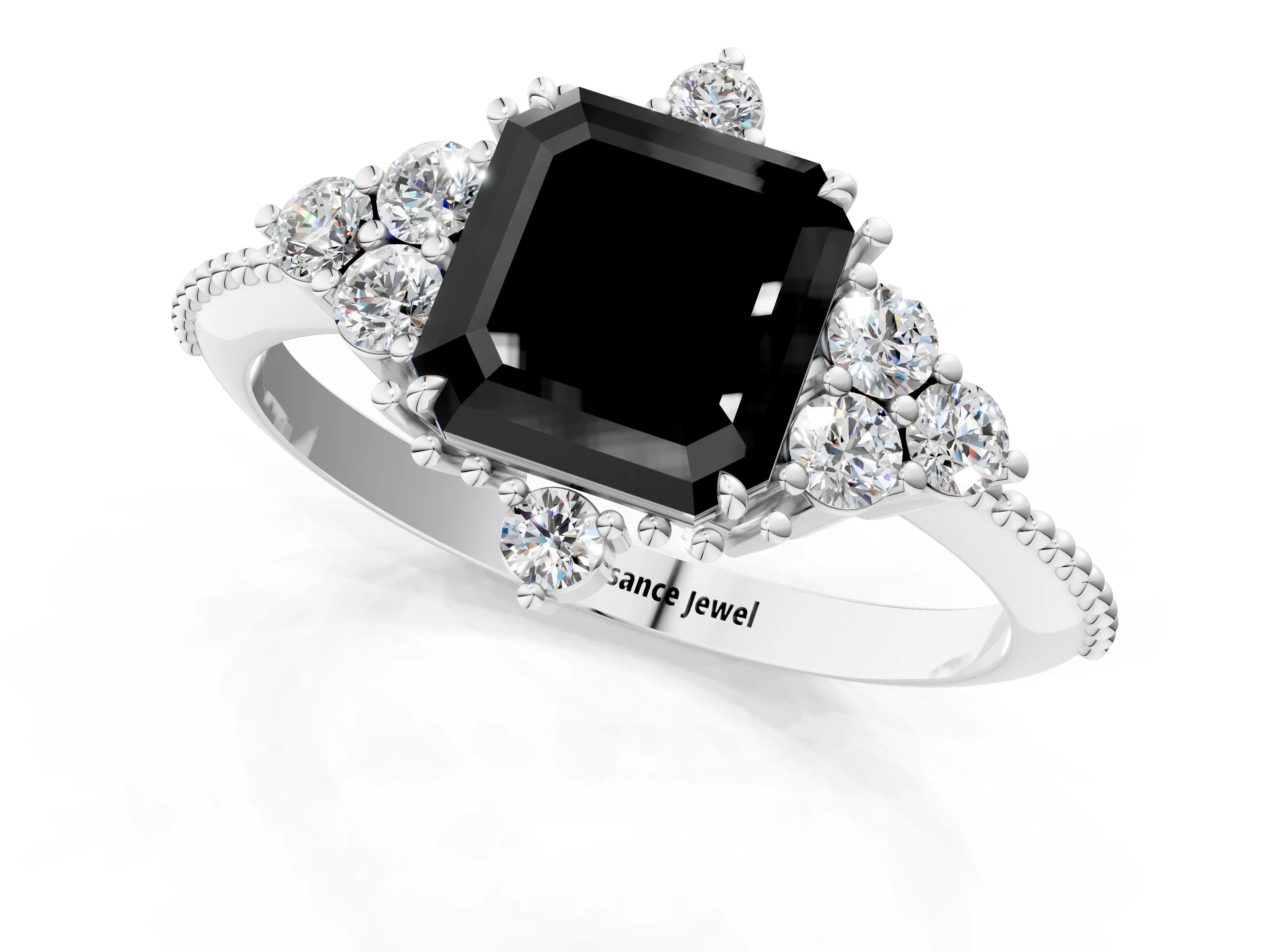 White gold Fancy Black Asscher Cut Brilliant Diamond with Cluster Setting on a Beaded Band and Four-Prong Setting_1