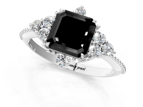 White gold Fancy Black Asscher Cut Brilliant Diamond with Cluster Setting on a Beaded Band and Four-Prong Setting_1