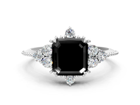 White gold Fancy Black Asscher Cut Brilliant Diamond with Cluster Setting on a Beaded Band and Four-Prong Setting_24