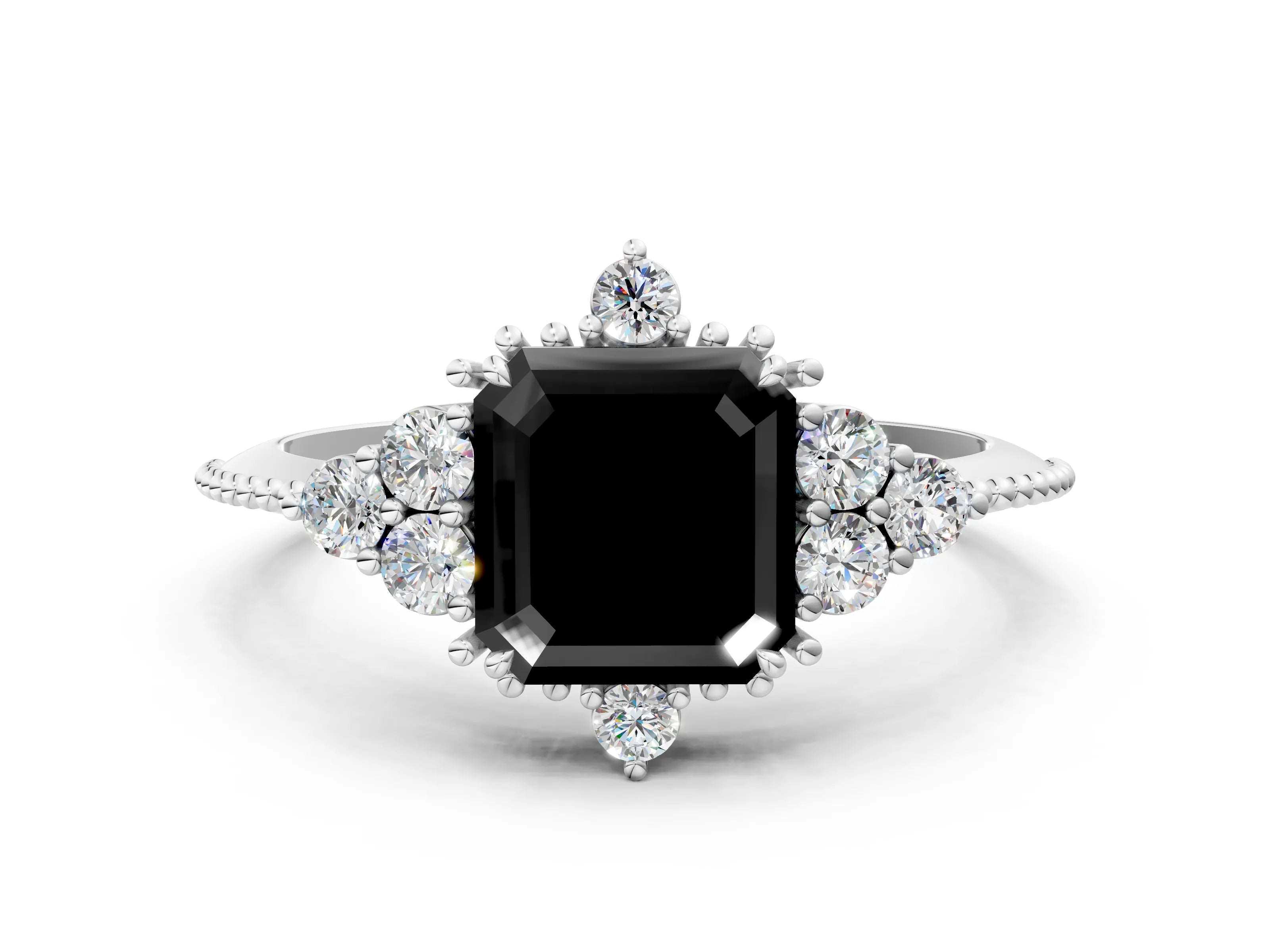 White gold Fancy Black Asscher Cut Brilliant Diamond with Cluster Setting on a Beaded Band and Four-Prong Setting_24