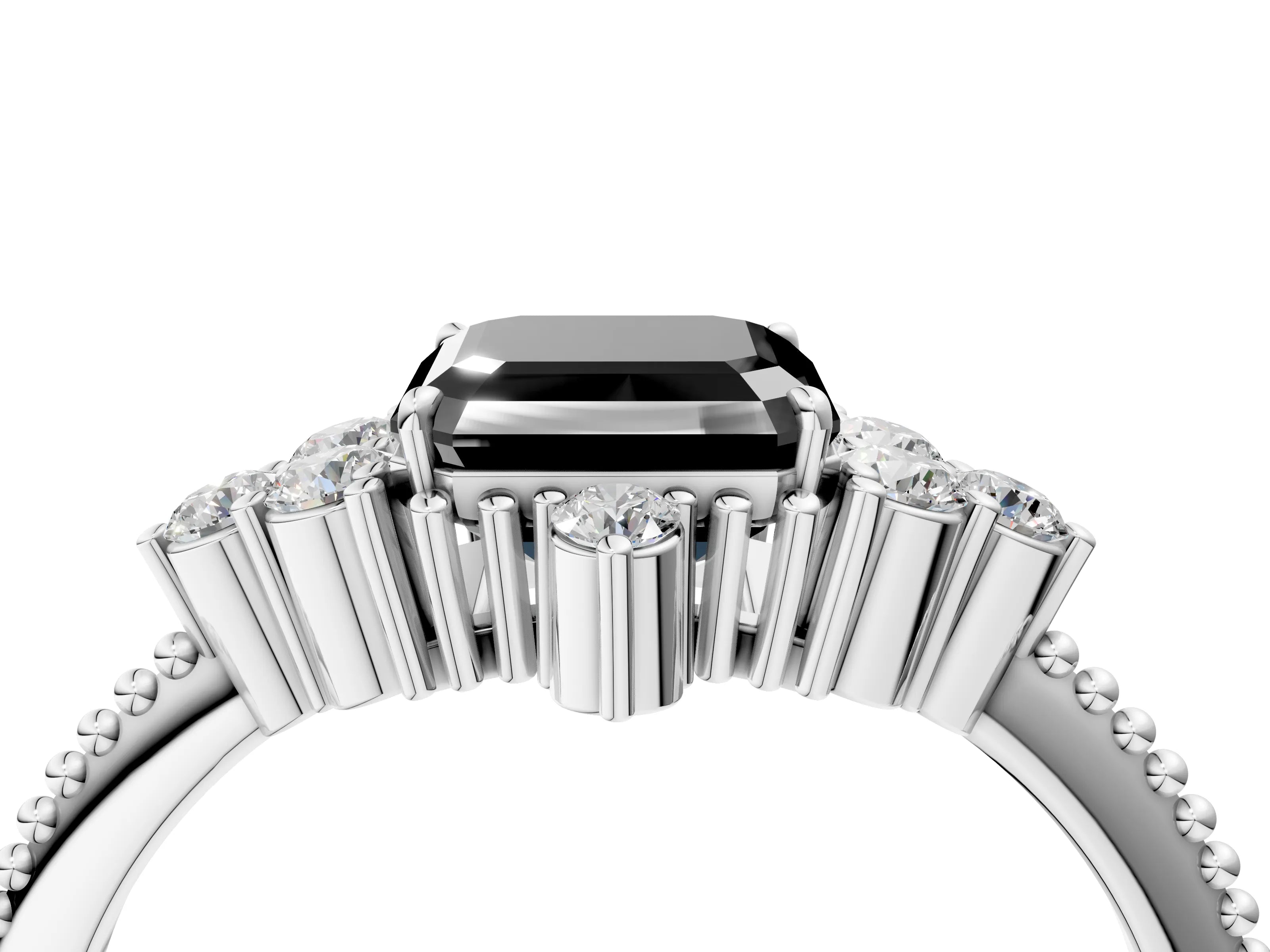 White gold Fancy Black Asscher Cut Brilliant Diamond with Cluster Setting on a Beaded Band and Four-Prong Setting_4