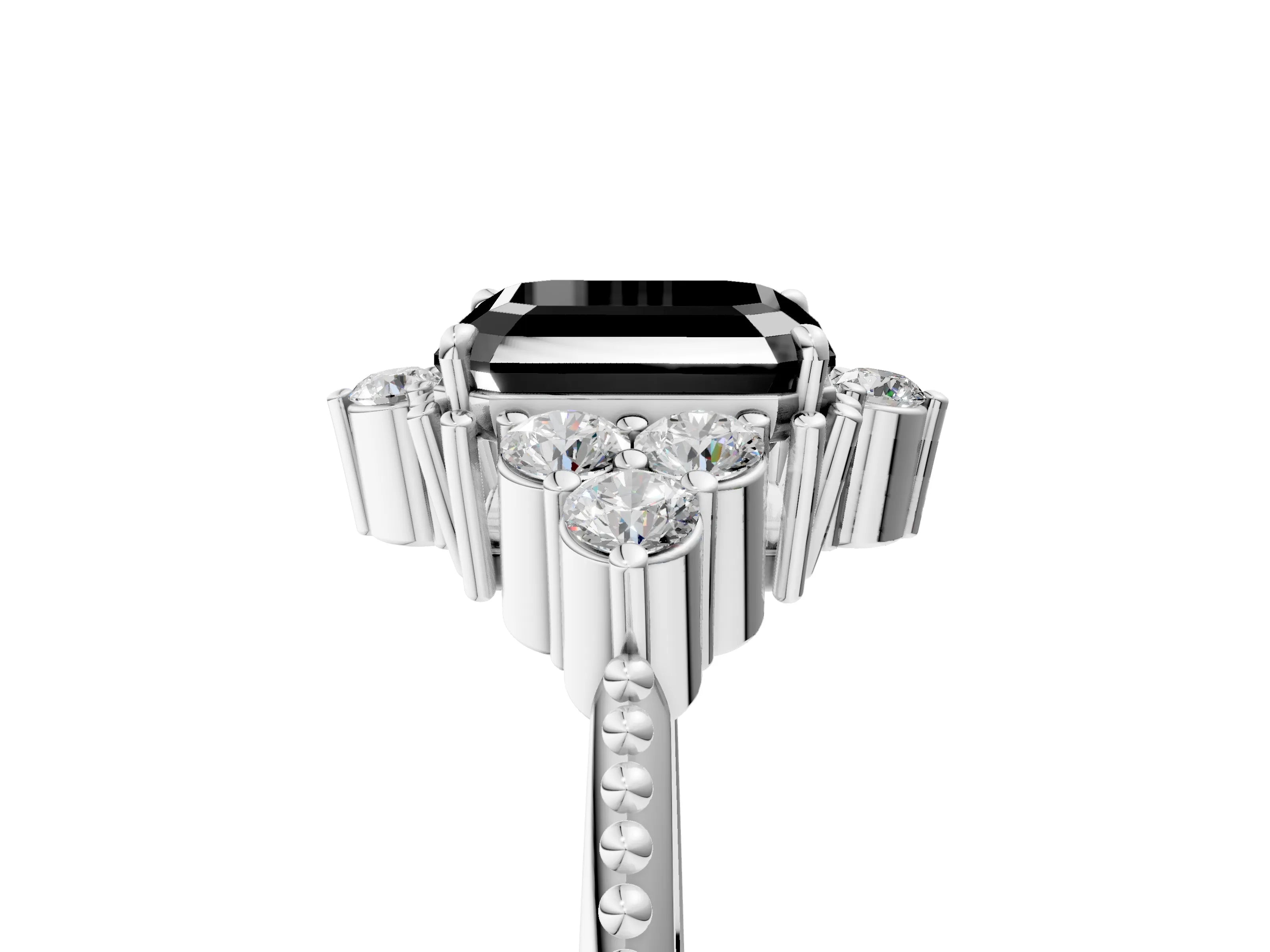 White gold Fancy Black Asscher Cut Brilliant Diamond with Cluster Setting on a Beaded Band and Four-Prong Setting_5
