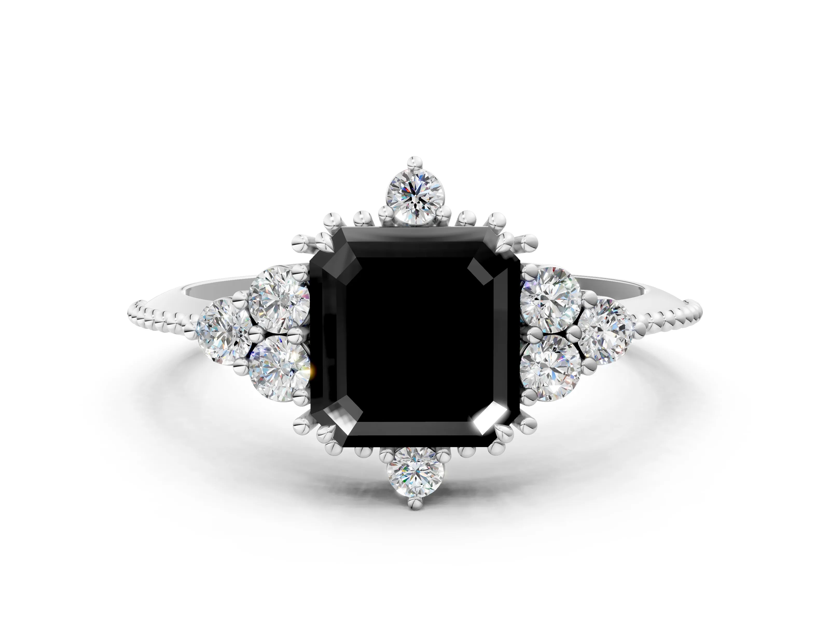White gold Fancy Black Asscher Cut Brilliant Diamond with Cluster Setting on a Beaded Band and Four-Prong Setting