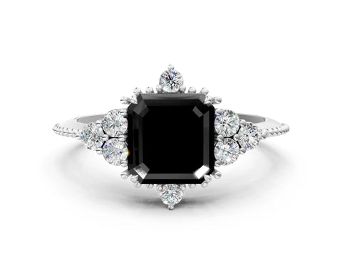 White gold Fancy Black Asscher Cut Brilliant Diamond with Cluster Setting on a Beaded Band and Four-Prong Setting