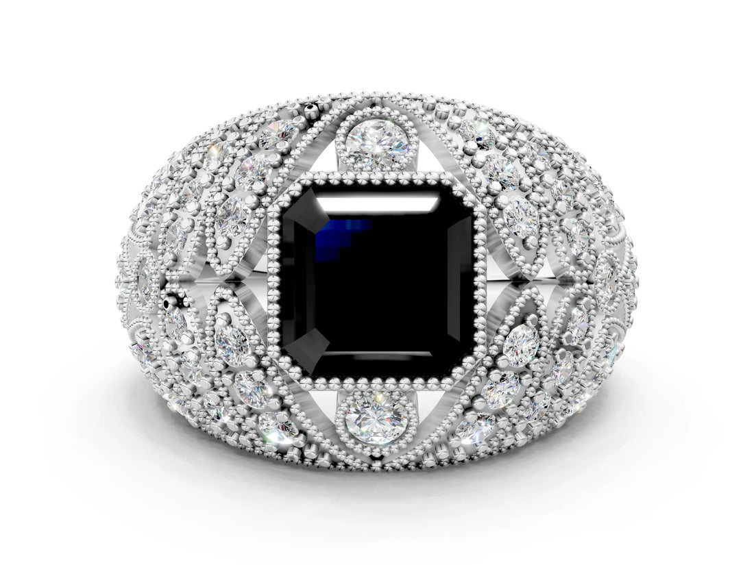 White gold Fancy Black Asscher Cut Brilliant Halo Pave Diamond Milgrain Ring