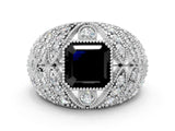White gold Fancy Black Asscher Cut Brilliant Halo Pave Diamond Milgrain Ring