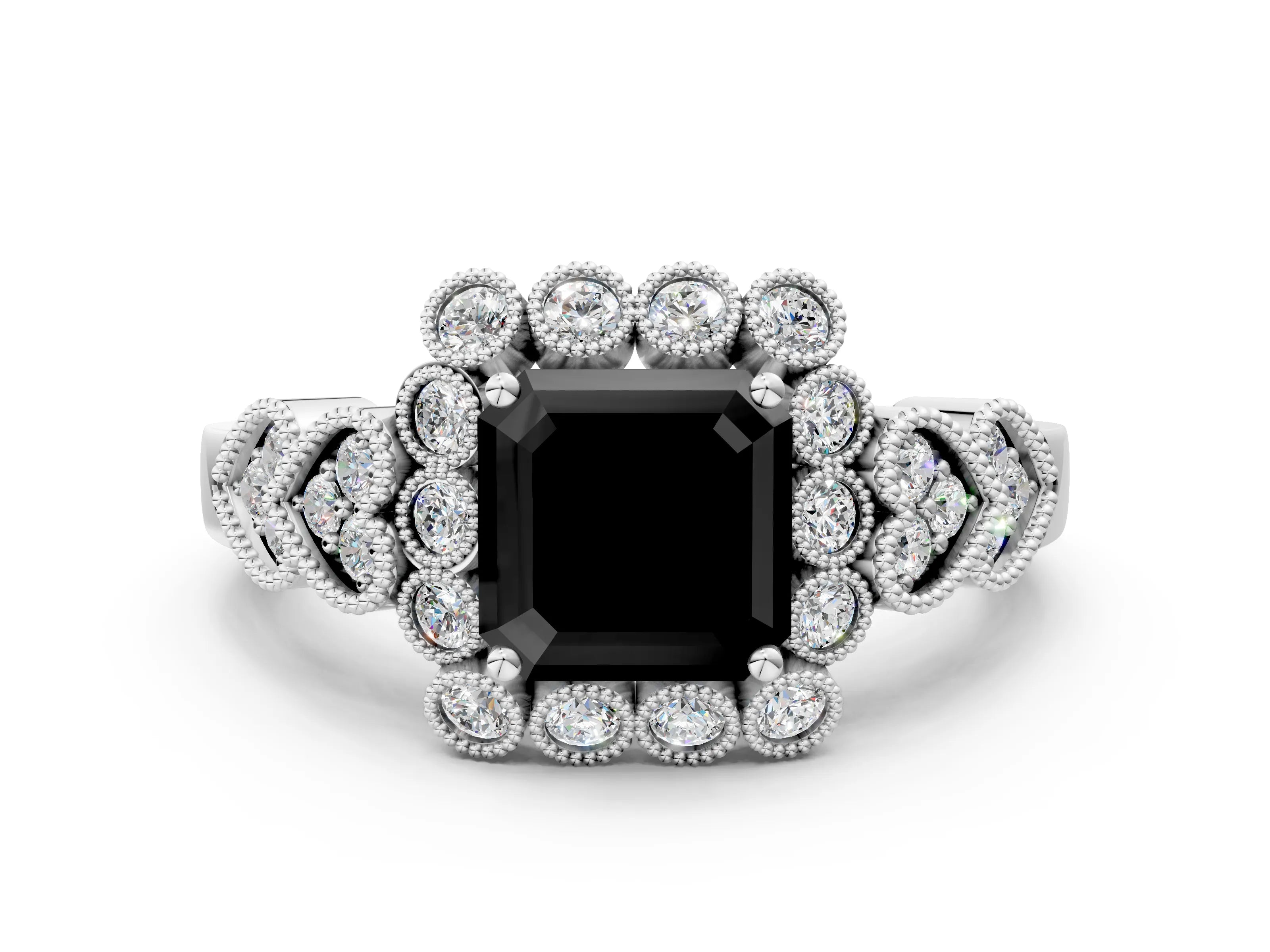 White gold Fancy Black Asscher Cut Brilliant Milgrain Pave Heart Band Solitaire Ring_12