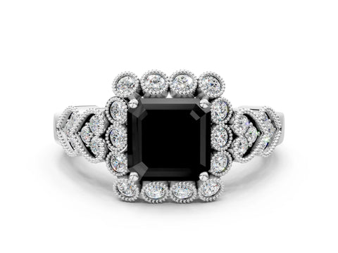 White gold Fancy Black Asscher Cut Brilliant Milgrain Pave Heart Band Solitaire Ring_18