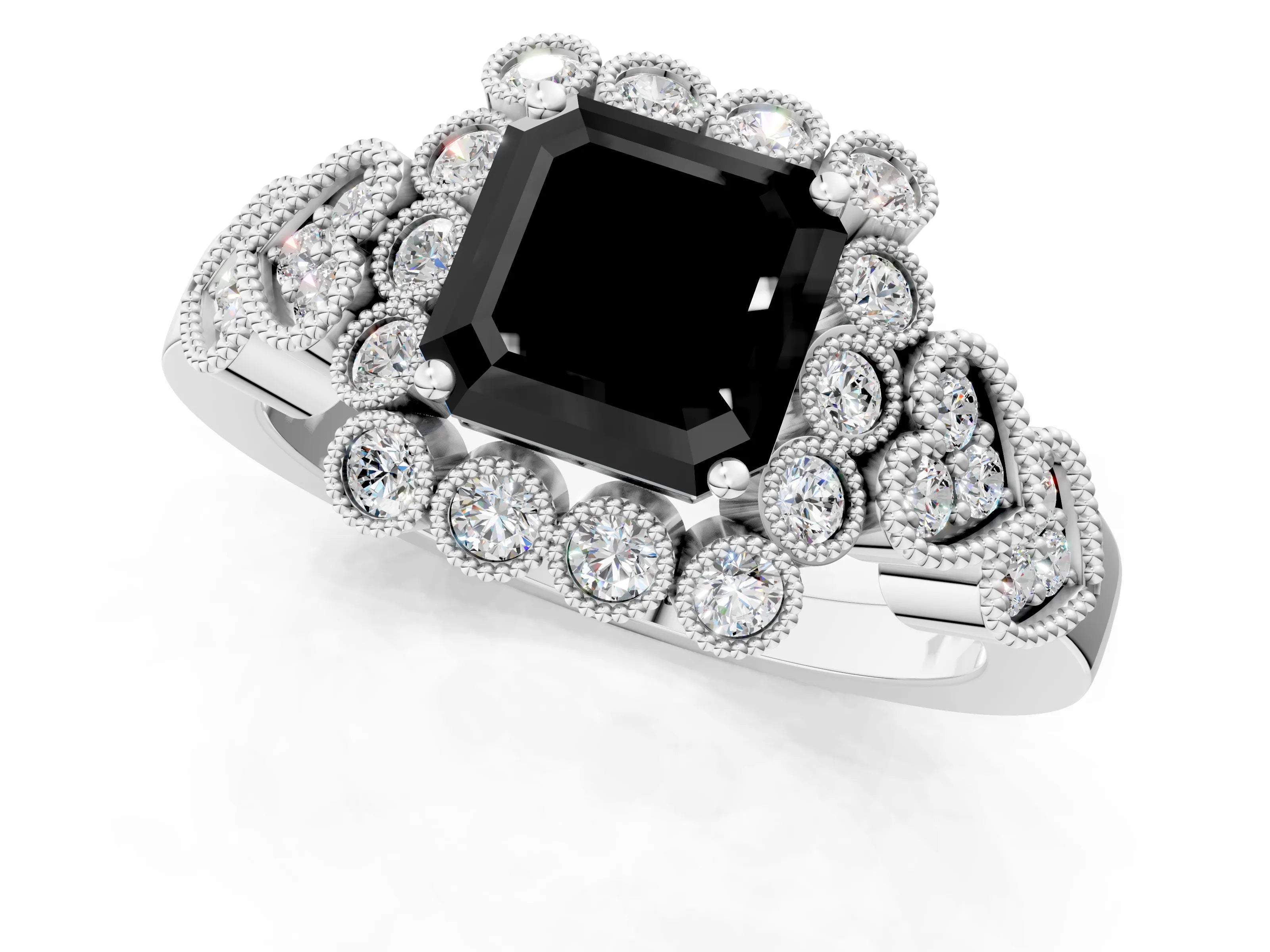 White gold Fancy Black Asscher Cut Brilliant Milgrain Pave Heart Band Solitaire Ring_19