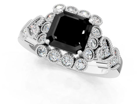 White gold Fancy Black Asscher Cut Brilliant Milgrain Pave Heart Band Solitaire Ring_19