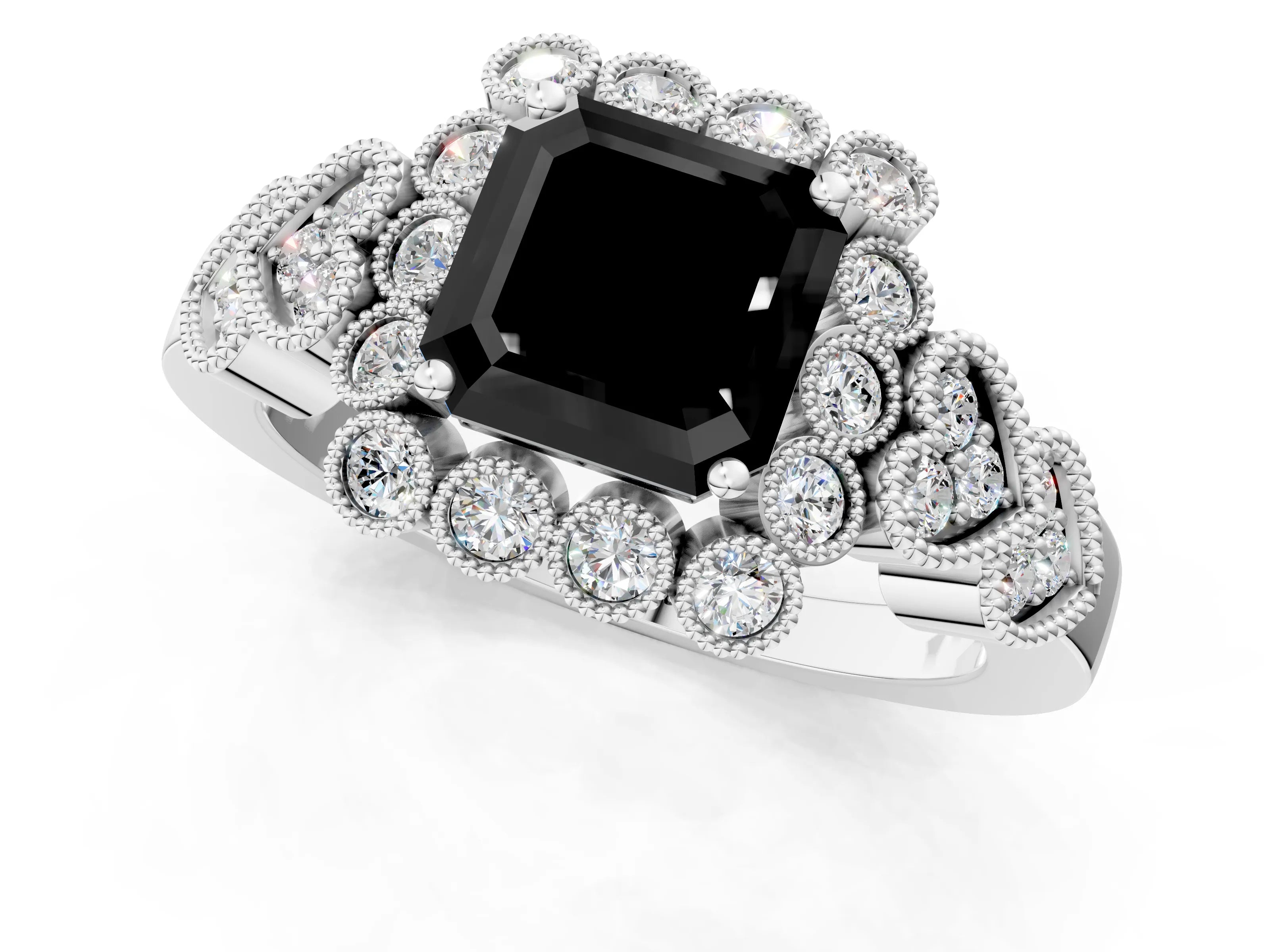 White gold Fancy Black Asscher Cut Brilliant Milgrain Pave Heart Band Solitaire Ring_1