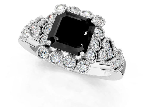 White gold Fancy Black Asscher Cut Brilliant Milgrain Pave Heart Band Solitaire Ring_1