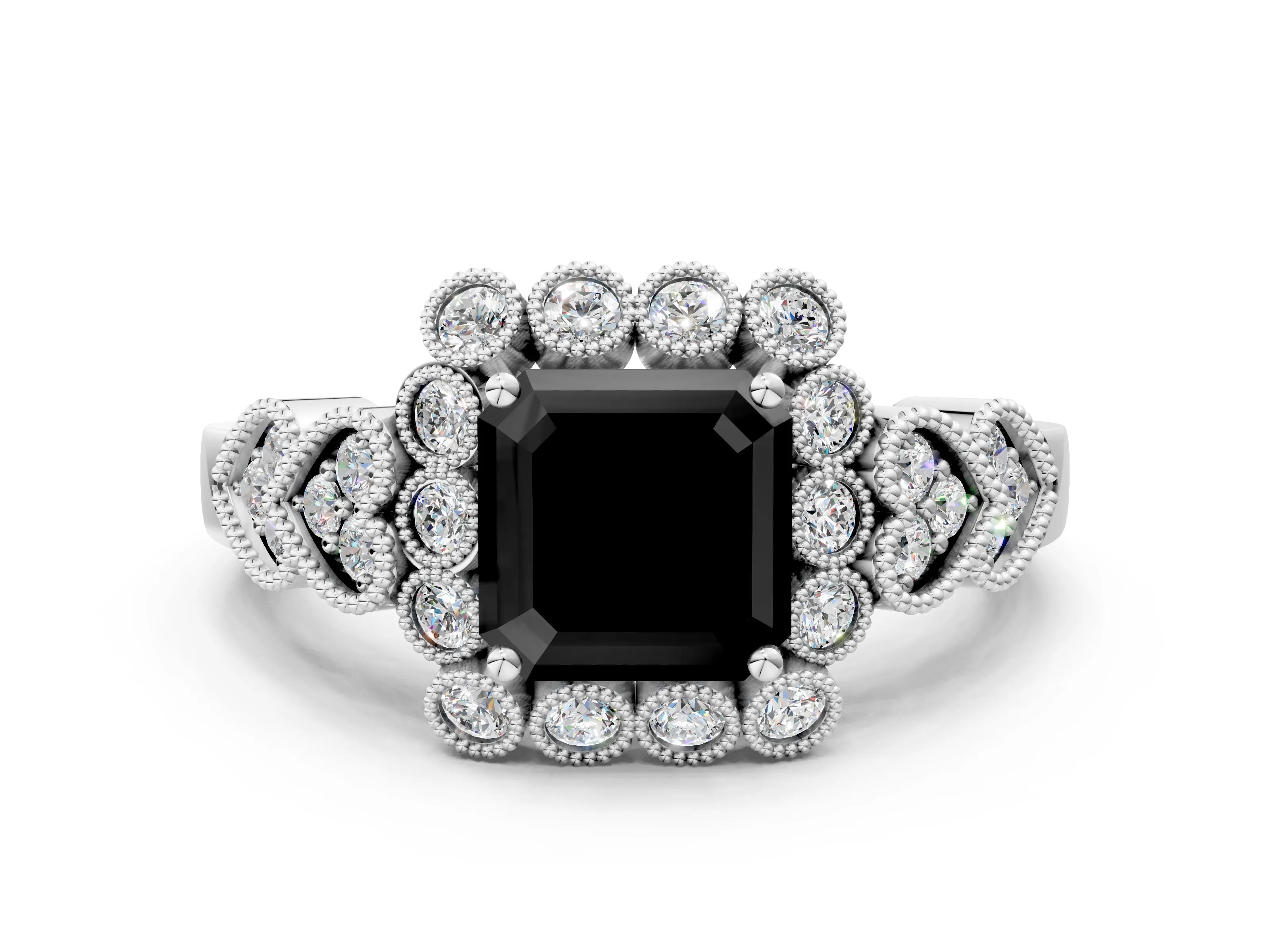 White gold Fancy Black Asscher Cut Brilliant Milgrain Pave Heart Band Solitaire Ring_24