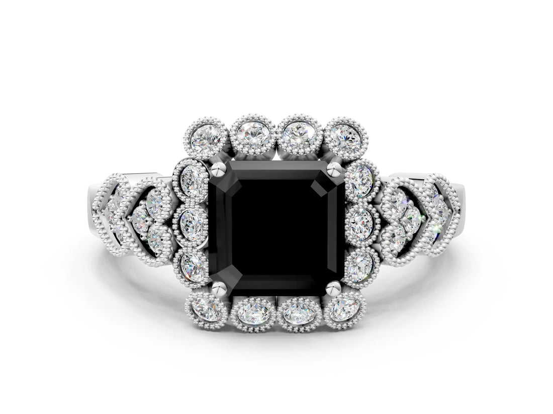 White gold Fancy Black Asscher Cut Brilliant Milgrain Pave Heart Band Solitaire Ring_24