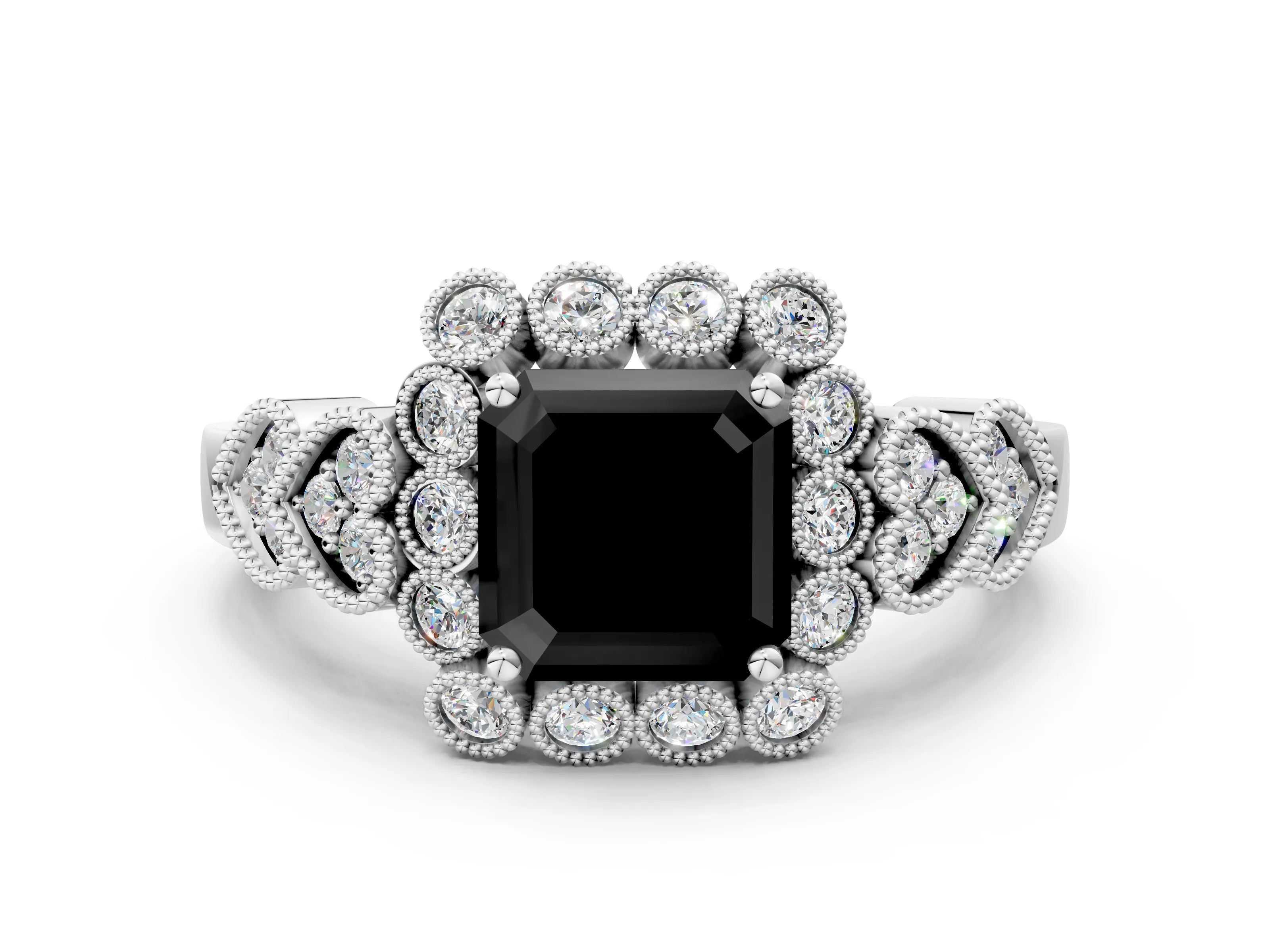 White gold Fancy Black Asscher Cut Brilliant Milgrain Pave Heart Band Solitaire Ring
