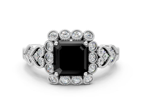 White gold Fancy Black Asscher Cut Brilliant Milgrain Pave Heart Band Solitaire Ring