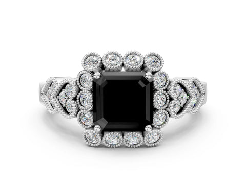 White gold Fancy Black Asscher Cut Brilliant Milgrain Pave Heart Band Solitaire Ring_36