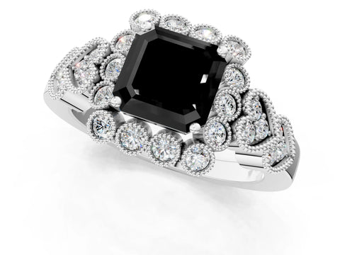 White gold Fancy Black Asscher Cut Brilliant Milgrain Pave Heart Band Solitaire Ring_37