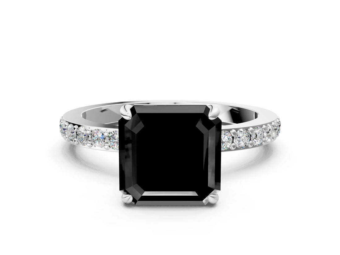 White gold Fancy Black Asscher Cut Brilliant Pavé Band Solitaire with Four-Prong Setting